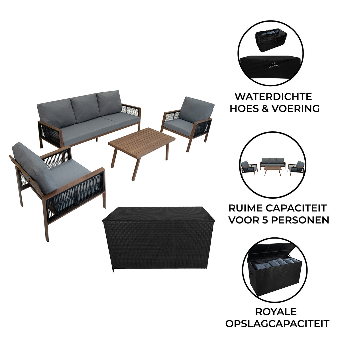 Aluminium 4-Delige Loungeset met Zwarte Rotan Opbergbox - Houteffect