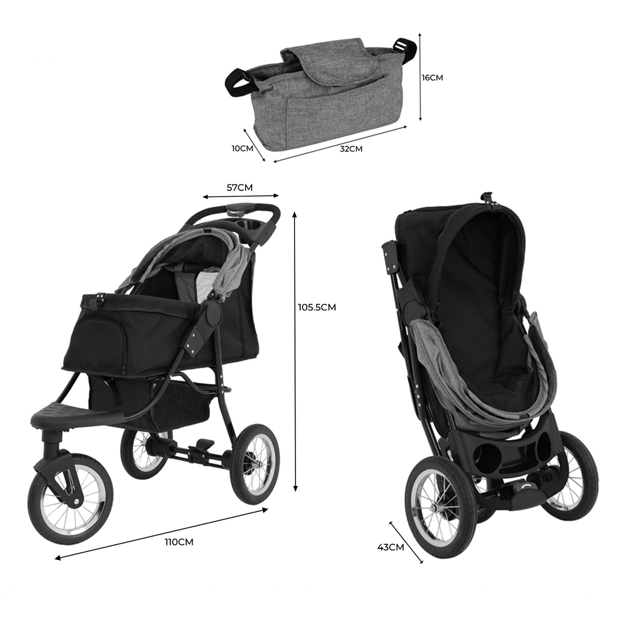 Hondenbuggy met 3 Wielen - Grijs