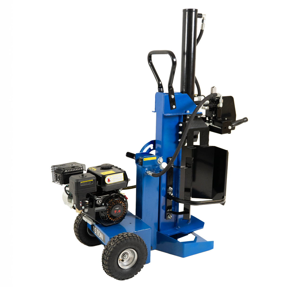 Robuuste houtklover in helderblauw met krachtige motor, wielen voor mobiliteit en een stevige, verticale kloofmachine voor efficiënt houtsplitsen