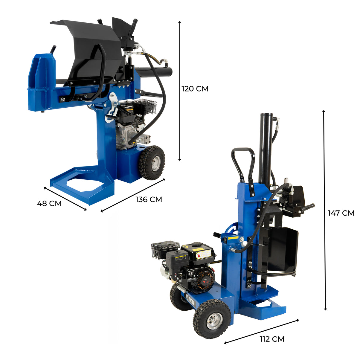 Houtklover van 15 ton met robuuste blauwe metalen constructie, wielen voor mobiliteit en verstelbare snijhoogte voor efficiënt houtsplitsen