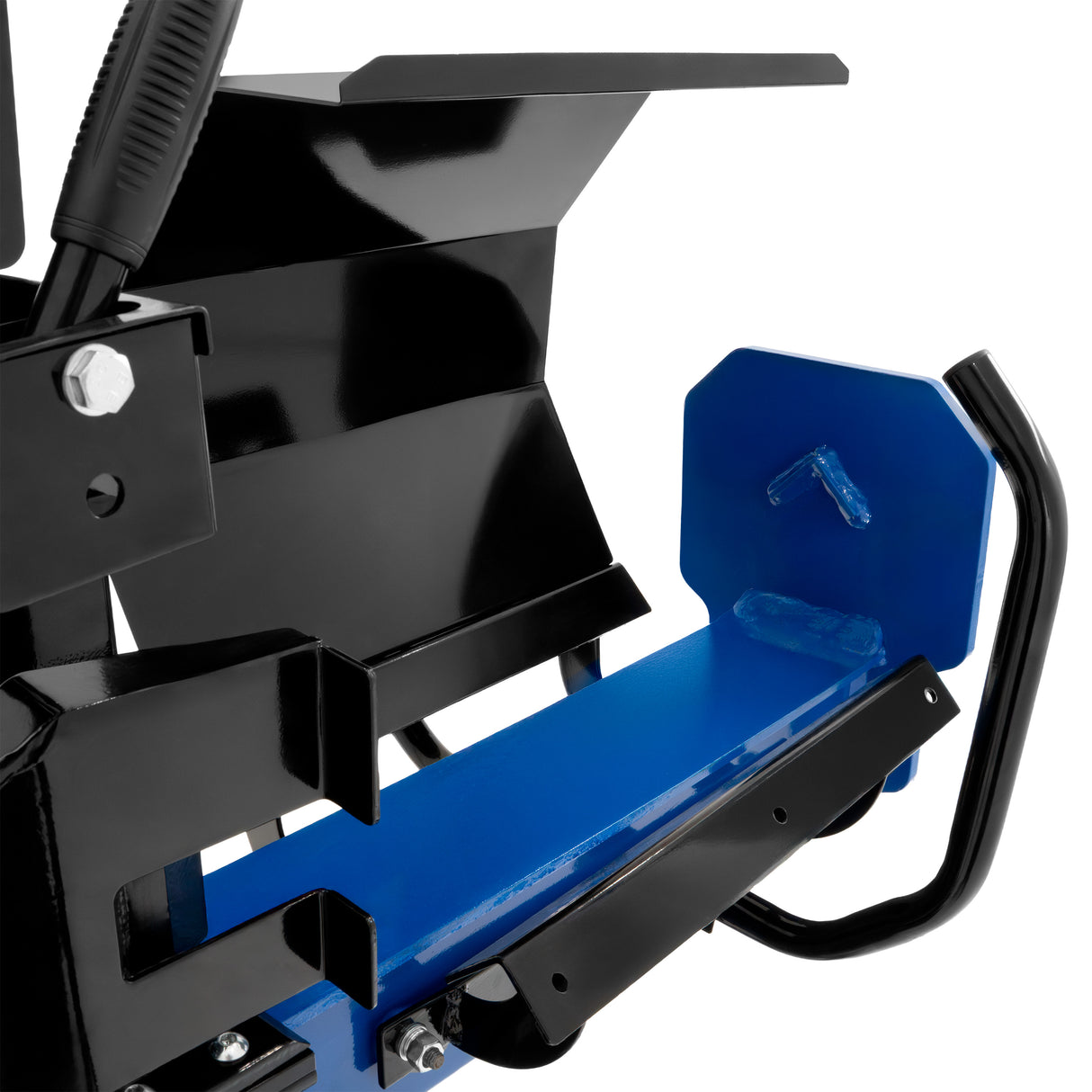 Robuuste houtklover met een zwarte en blauwe afwerking, voorzien van een stevige metalen basis en een ergonomische handgreep voor gebruiksgemak