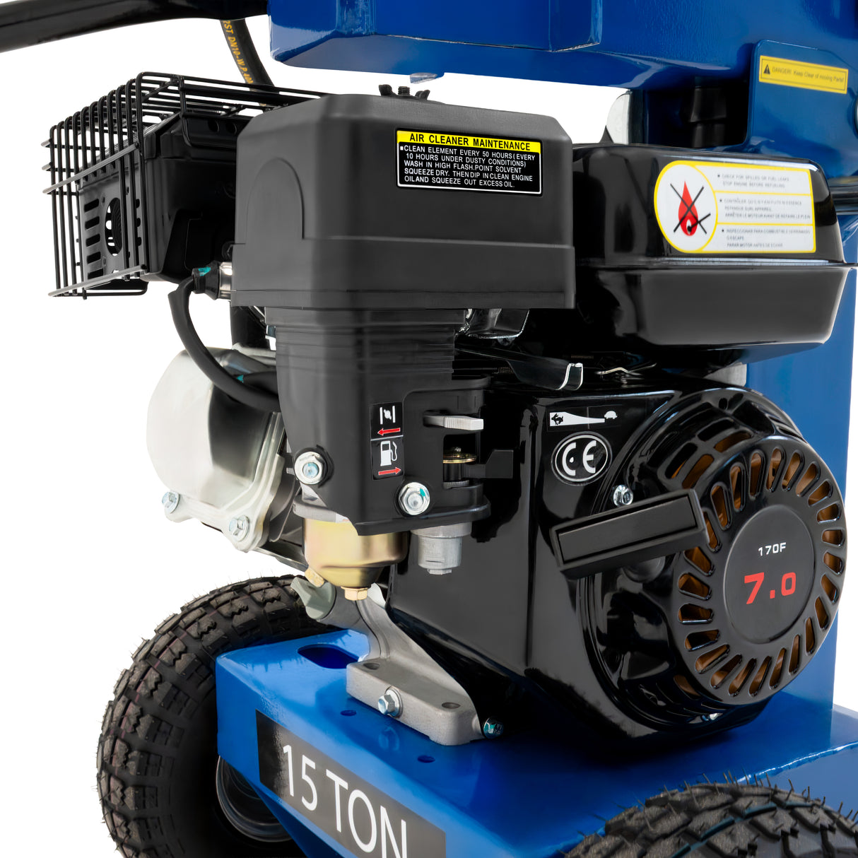 Zwarte 15T houtklover met krachtige motor, metalen onderdelen en stevige wielen voor optimale stabiliteit en gebruiksgemak