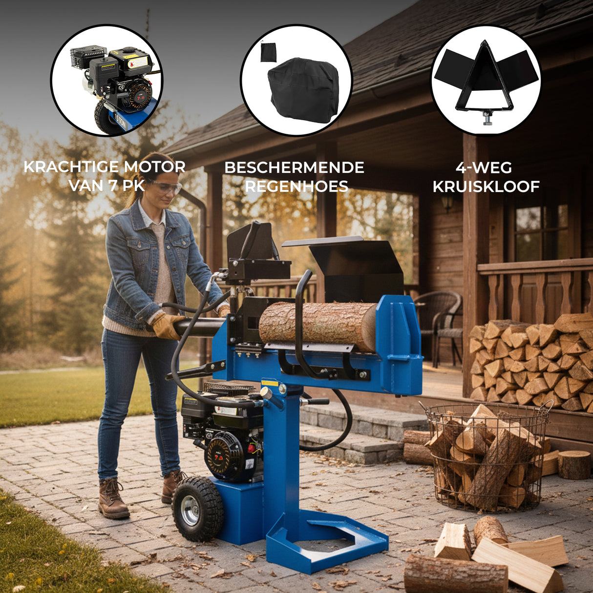 Houtklover met krachtige motor van 7 pk, blauwe structuur, en beschermende regenhoes, naast een stapel houtblokken buiten een houten huis