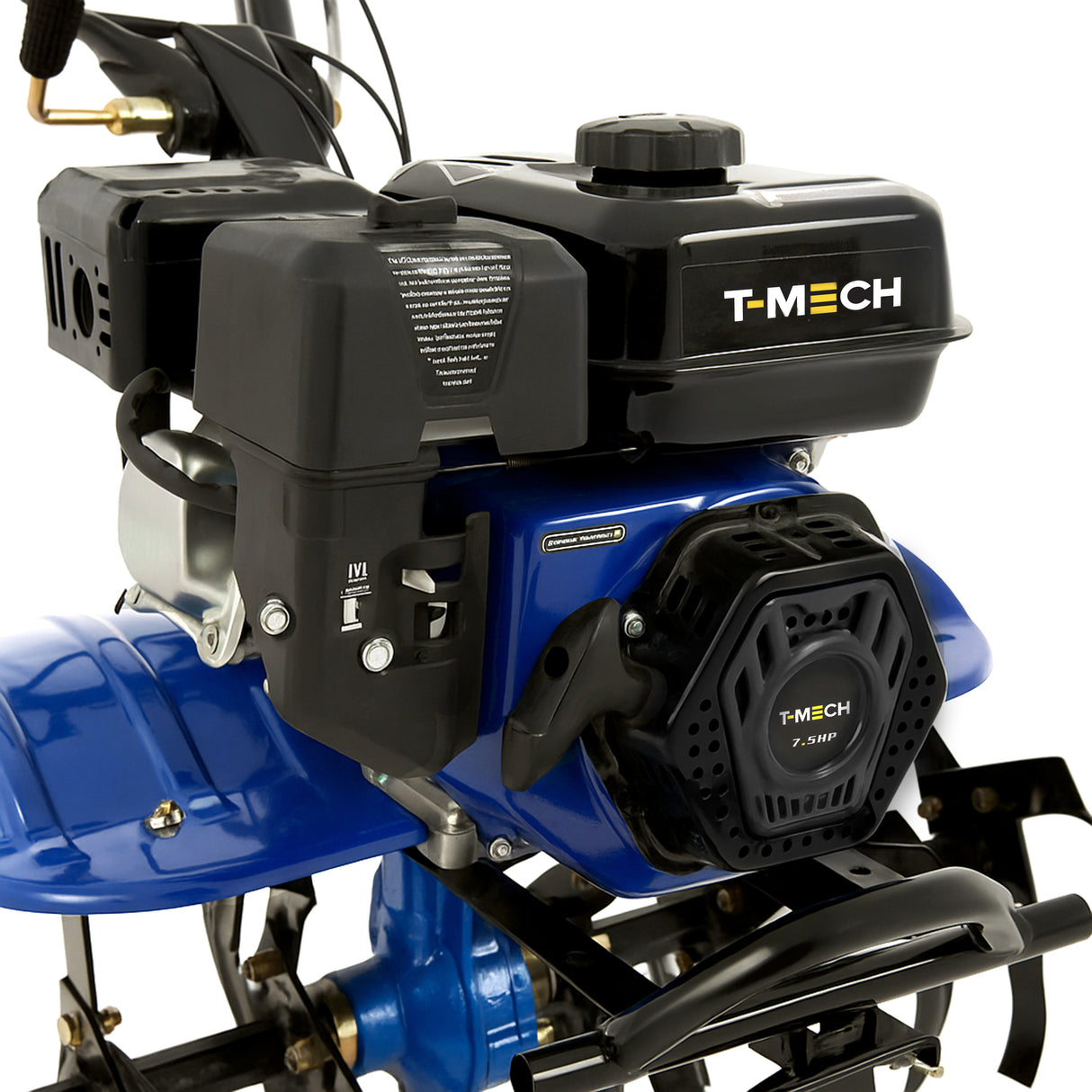 Krachtige 7,5 pk benzine tuinfrees met een blauwe behuizing, zwarte motor en robuuste metalen onderdelen voor tuinbewerking