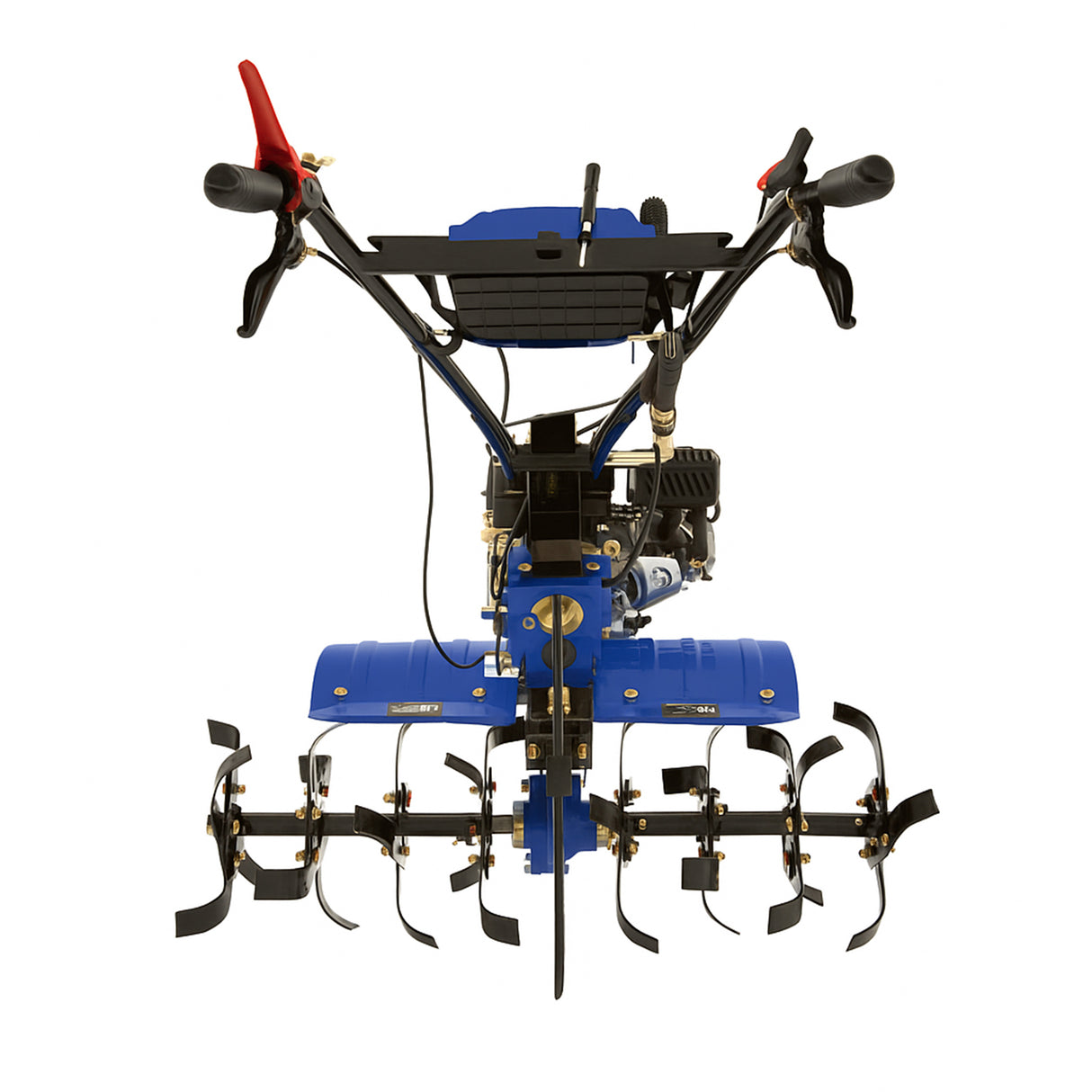 Benzine tuinfrees met 7,5 pk motor, blauwe behuizing, zwarte handgrepen en metalen messen voor efficiënte grondbewerking