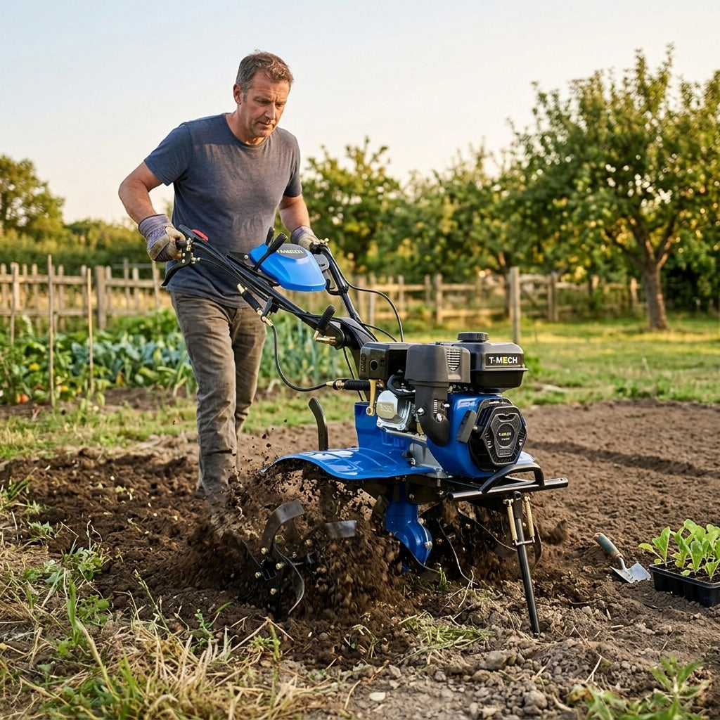 Krachtige 7,5 pk benzine tuinfrees in gebruik, met een man die de grond omwoelt in een groene tuin met bomen op de achtergrond