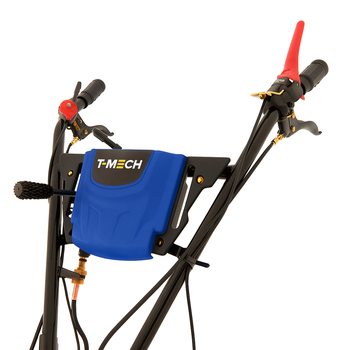 Benzine tuinfrees met krachtige motor, zwarte stalen frame, blauwe behuizing en rode handgrepen voor optimale grip en controle