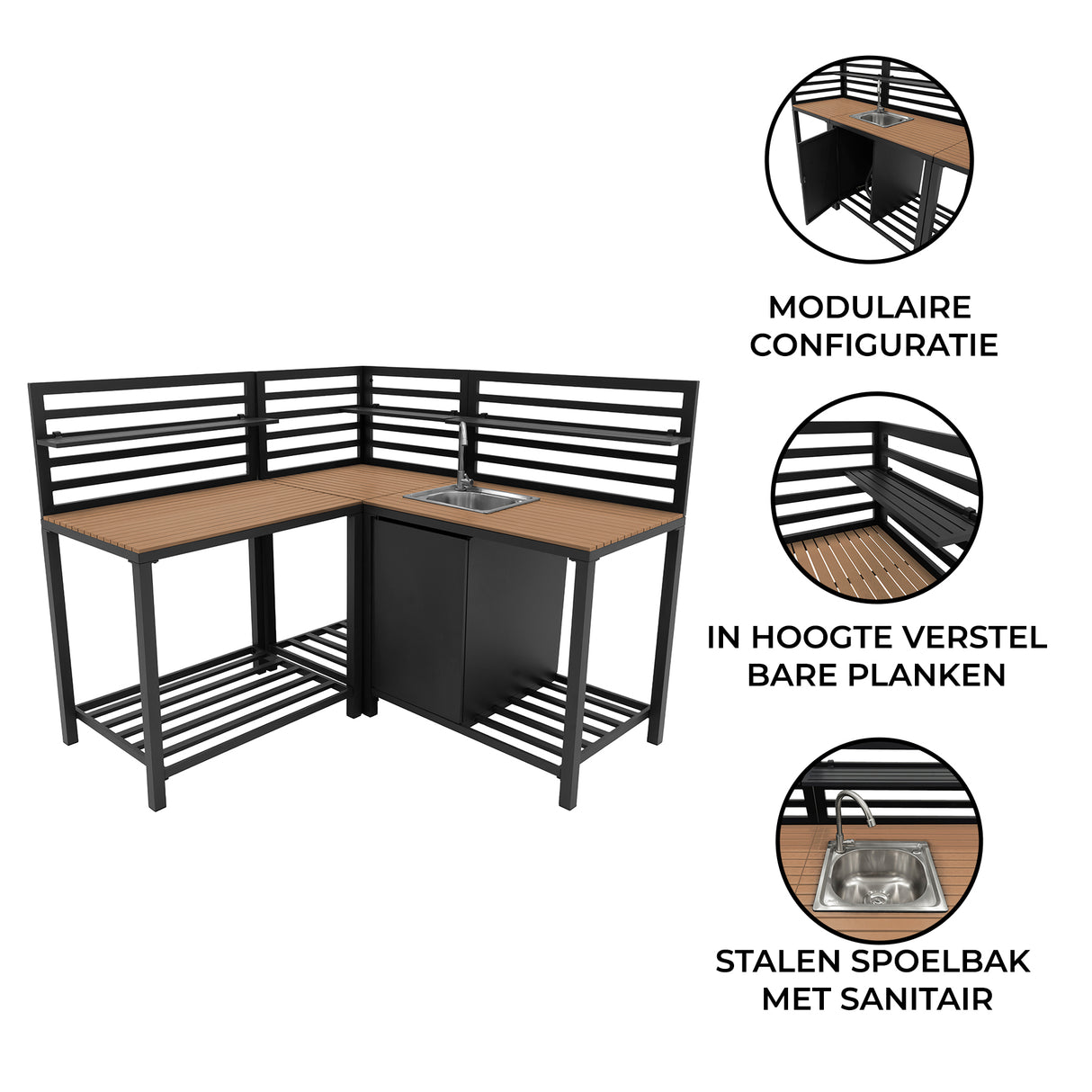 Aluminium & Hout 3-delige Buitenkeuken Set