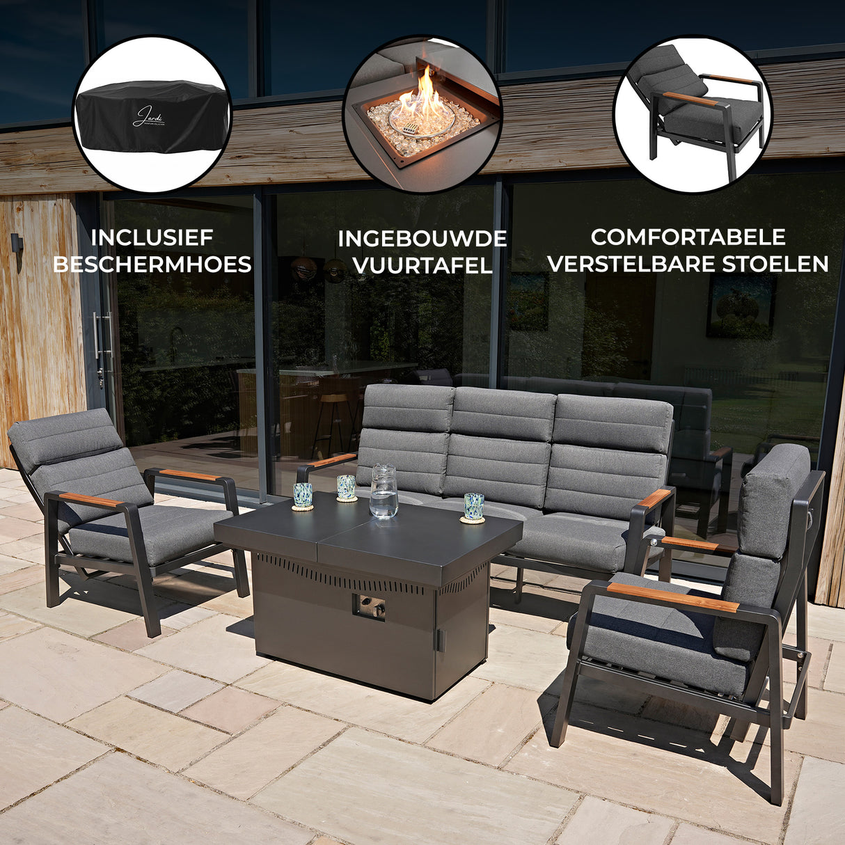 5-Zits Tuinmeubelset met Verstelbare Tuinstoelen & Vuurtafel