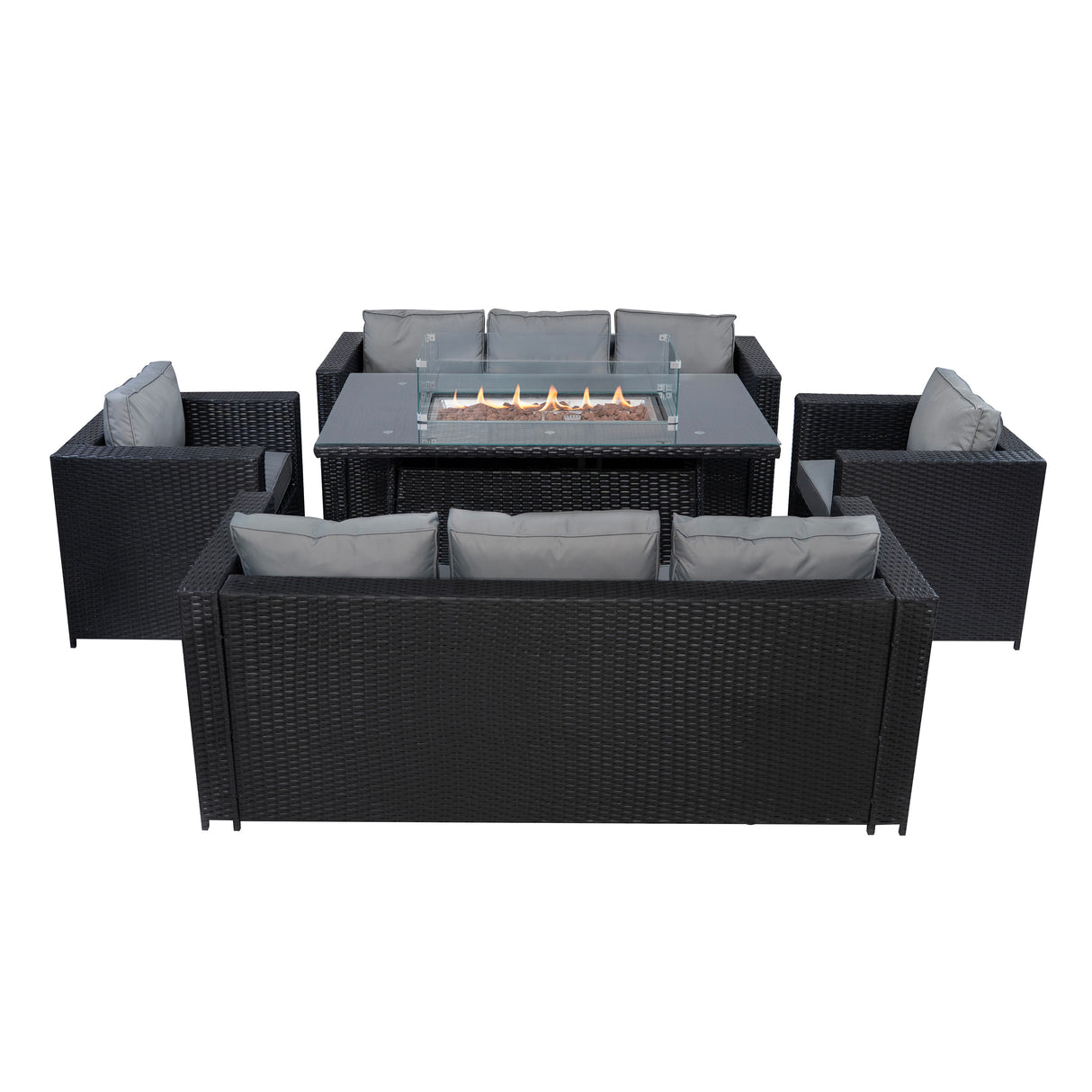 8-Zitplekken Rotan Loungeset met Vuurtafel - Zwart