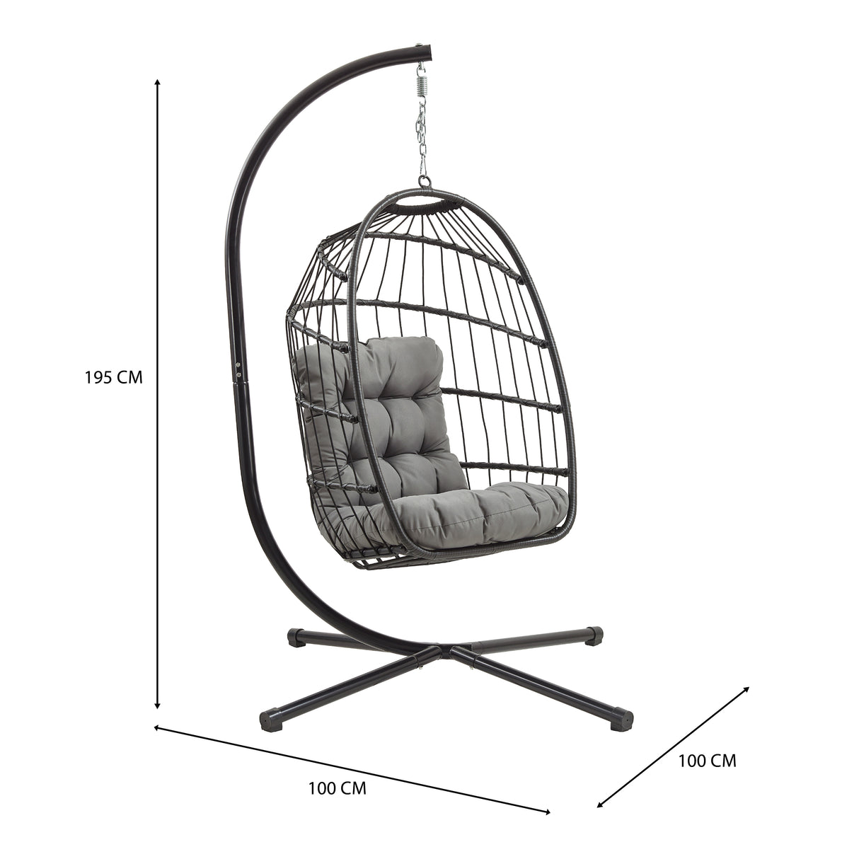 Zwart rotan hangstoel met een moderne, open structuur en een comfortabele grijze kussen, perfect voor binnen of buiten gebruik