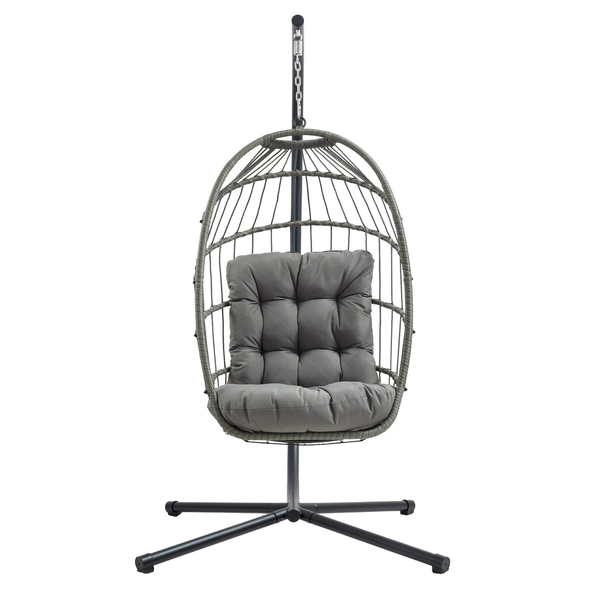 Grijze rotan hangstoel met een comfortabele, zachte kussen en een stevige metalen standaard, perfect voor binnen en buiten