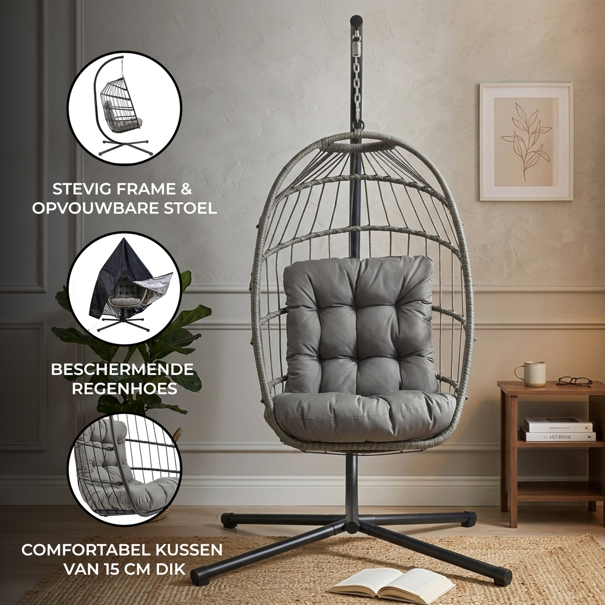 Grijze rotan hangstoel met stevig frame, comfortabele kussen van 15 cm dik en beschermende regenhoes, perfect voor binnen en buiten