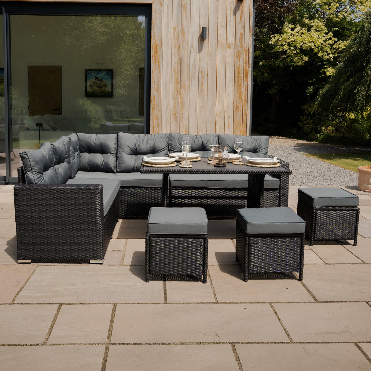 Rotan Hoek Loungeset met Polywood Eettafel - Zwart