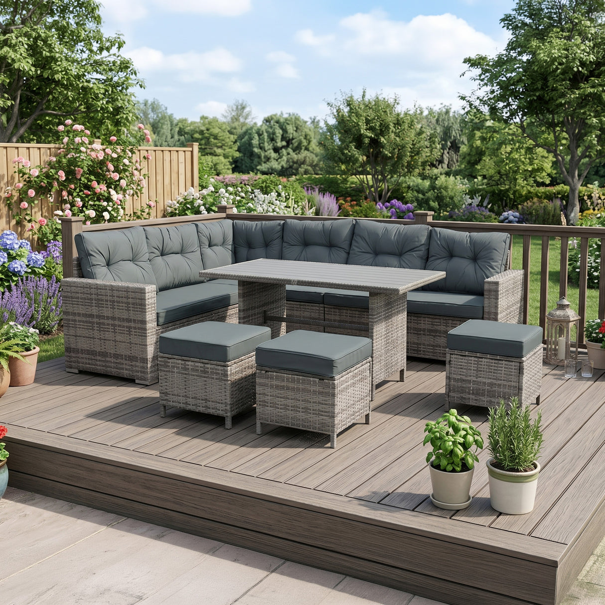 Rotan Hoek Loungeset met Polywood Eettafel - Grijs