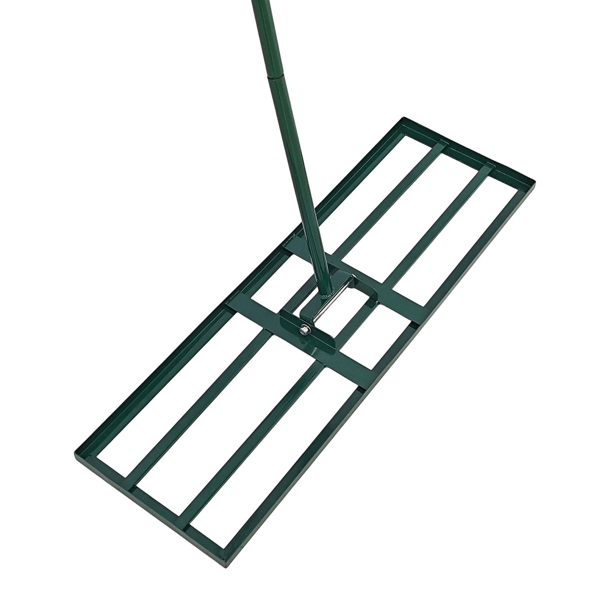 Groene 100 cm gazon egaliseerhark met een stevige metalen constructie en een brede, vlakke basis voor het egaliseren van grasvelden