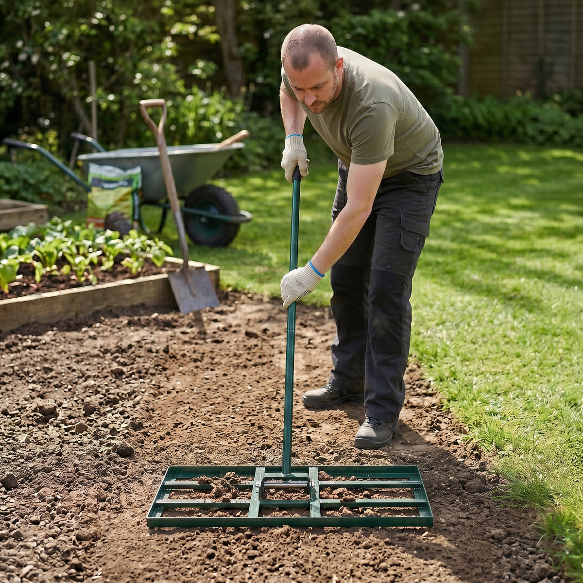 Een man gebruikt een groene 100 cm gazon egaliseerhark op een tuinbed, met een goed onderhouden grasveld op de achtergrond