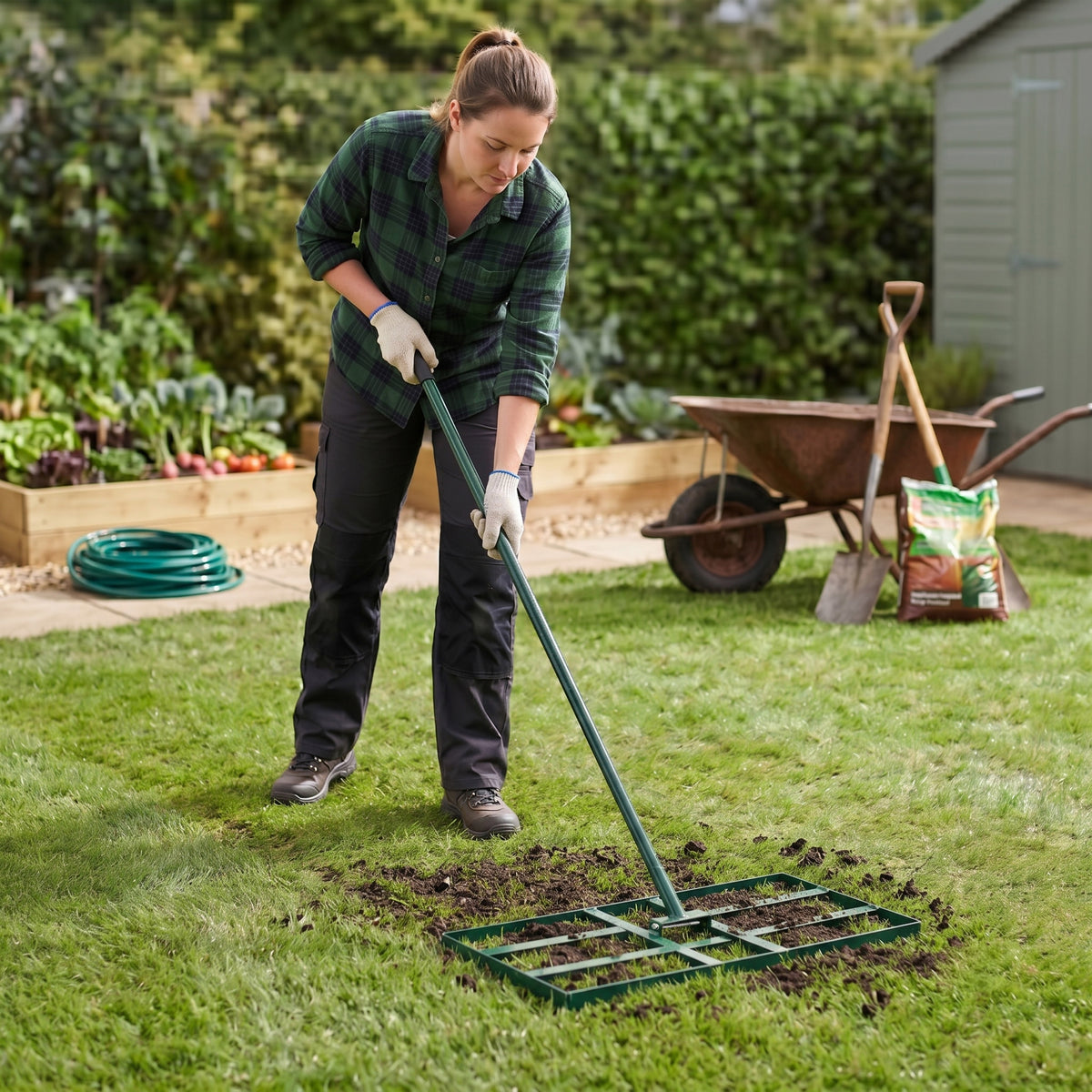 Groene 100 cm gazon leveler met lange steel, gebruikt door een vrouw in een tuin met groenten en een kruiwagen op de achtergrond
