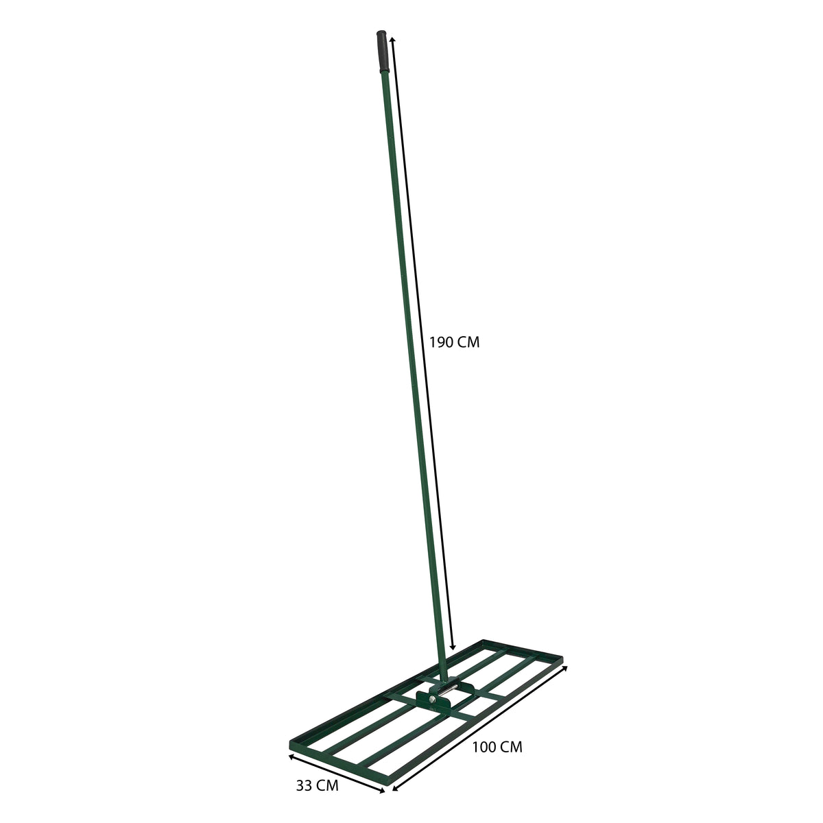 Groene 100 cm gazon leveler met een stevige metalen constructie en een lange steel van 190 cm voor eenvoudig egaliseren van grasvelden