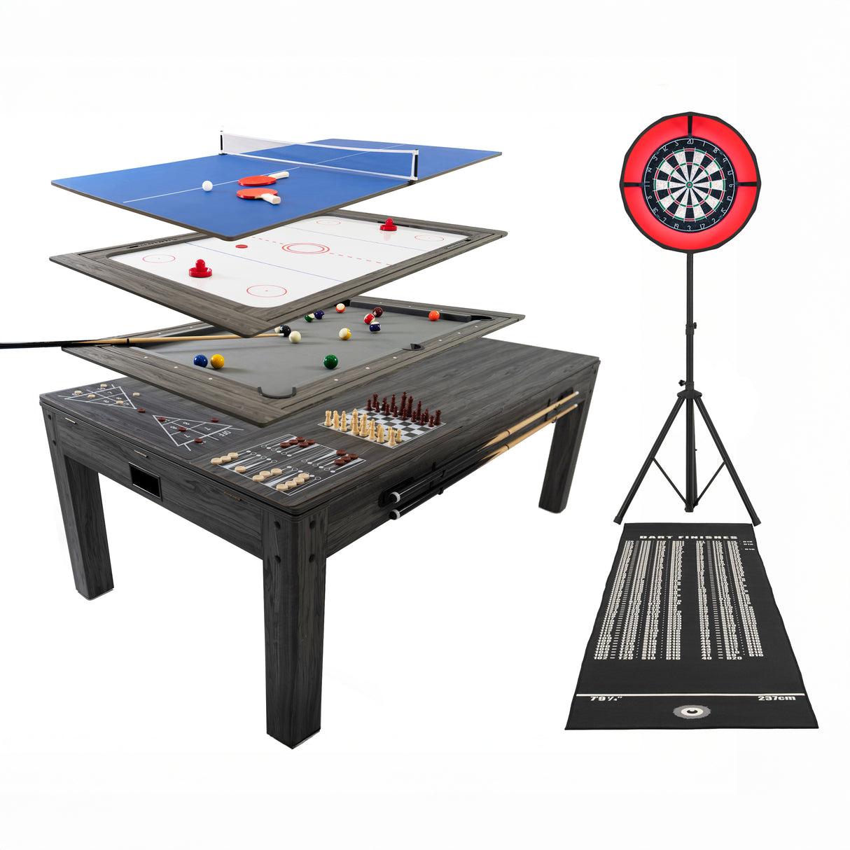 7-in-1 Multispeltafel, Darts Set & LED-Ringlicht - Grijs