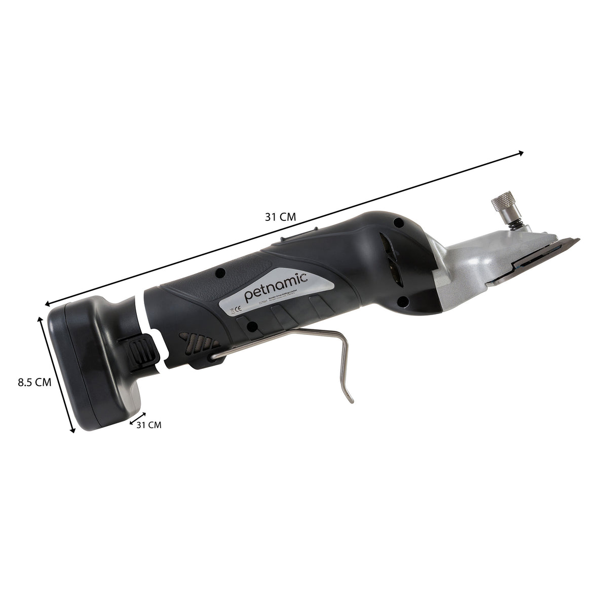 Draadloze snijmachine met een zwarte en zilveren afwerking, ergonomisch ontwerp en een snijblad van 31 cm voor precisiewerk