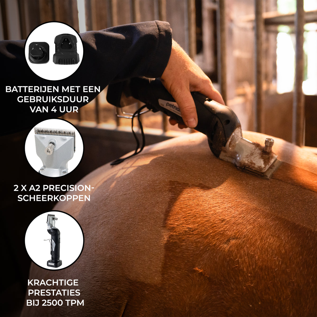 Draadloze paardenknipper met krachtige prestaties, twee precisiescheerkoppen en een batterijduur van vier uur, ideaal voor verzorging