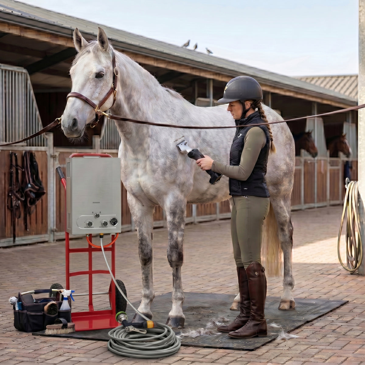 Een vrouw in een rijbroek en laarzen gebruikt een draadloze tondeuse op een grijs paard naast een paardendouche in een stal