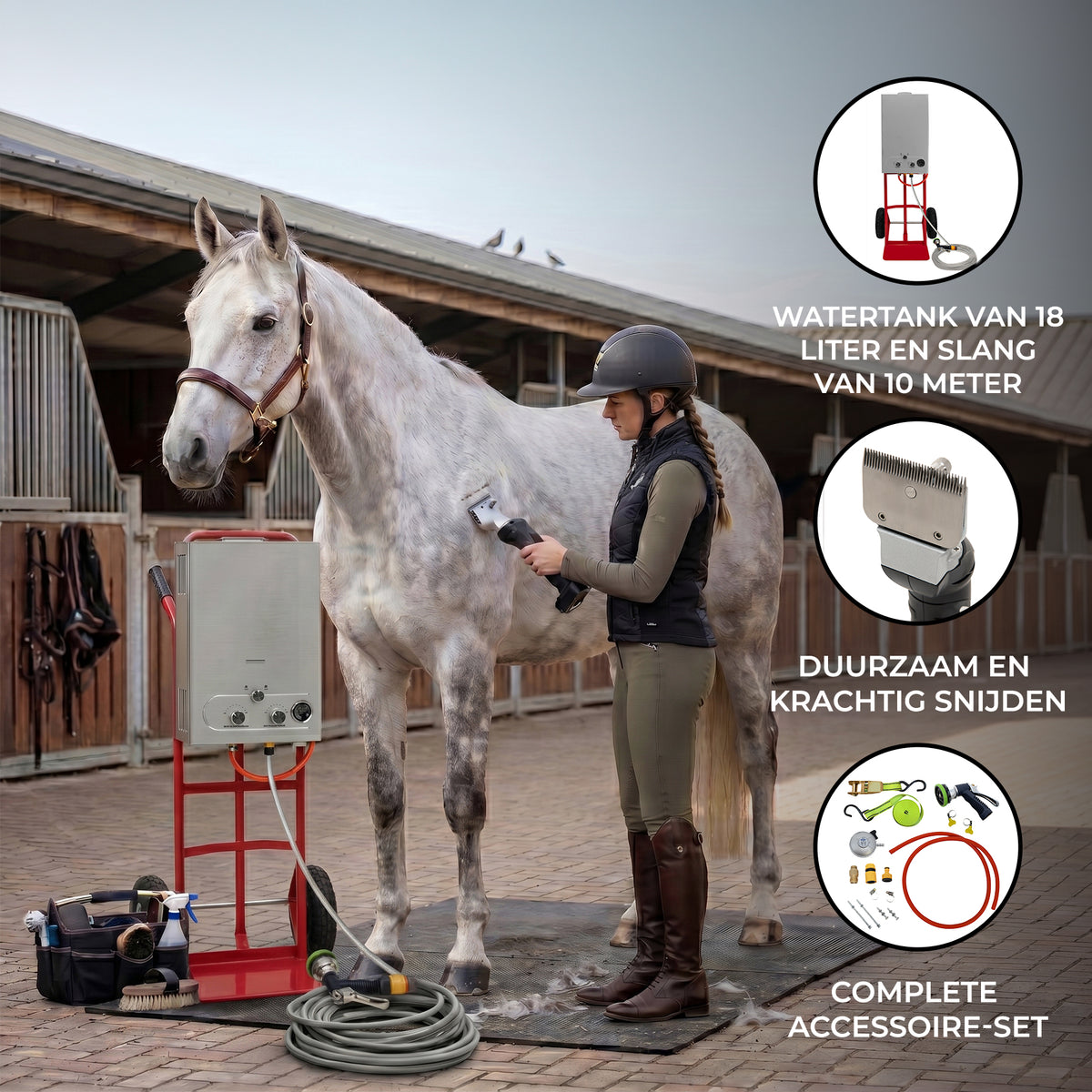 Duurzame paardendouche met 18 liter watertank, slang van 10 meter en draadloze tondeuse, ideaal voor verzorging van paarden