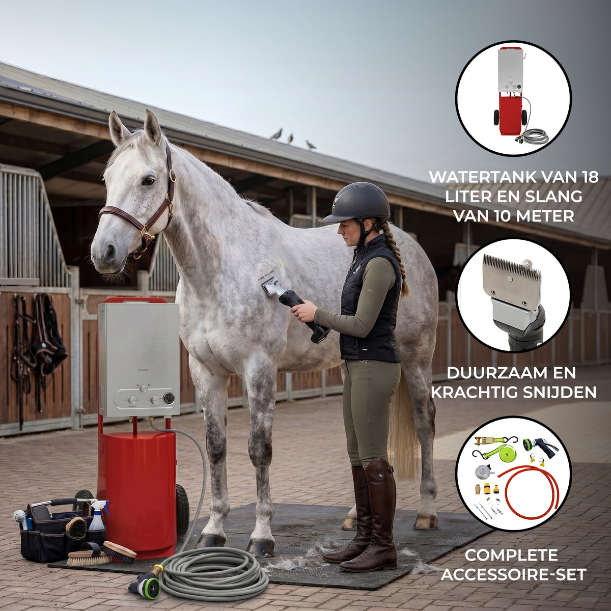 Rode paardendouche met draadloze tondeuse, 18 liter watertank, 10 meter slang, en accessoires, ideaal voor verzorging van paarden