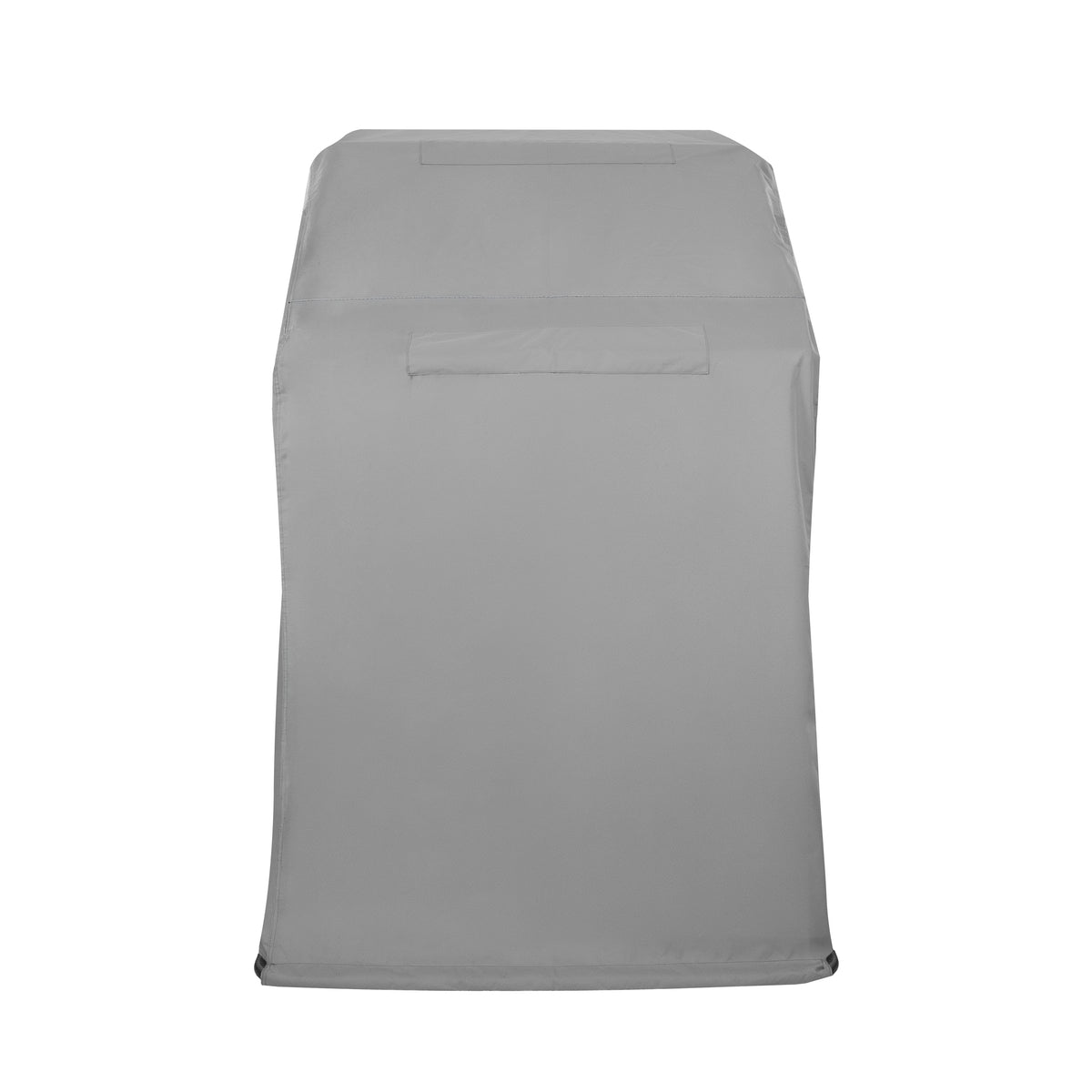 Grijze beschermhoes voor barbecue, gemaakt van waterdicht materiaal, met een strakke pasvorm en een handige zak aan de achterkant