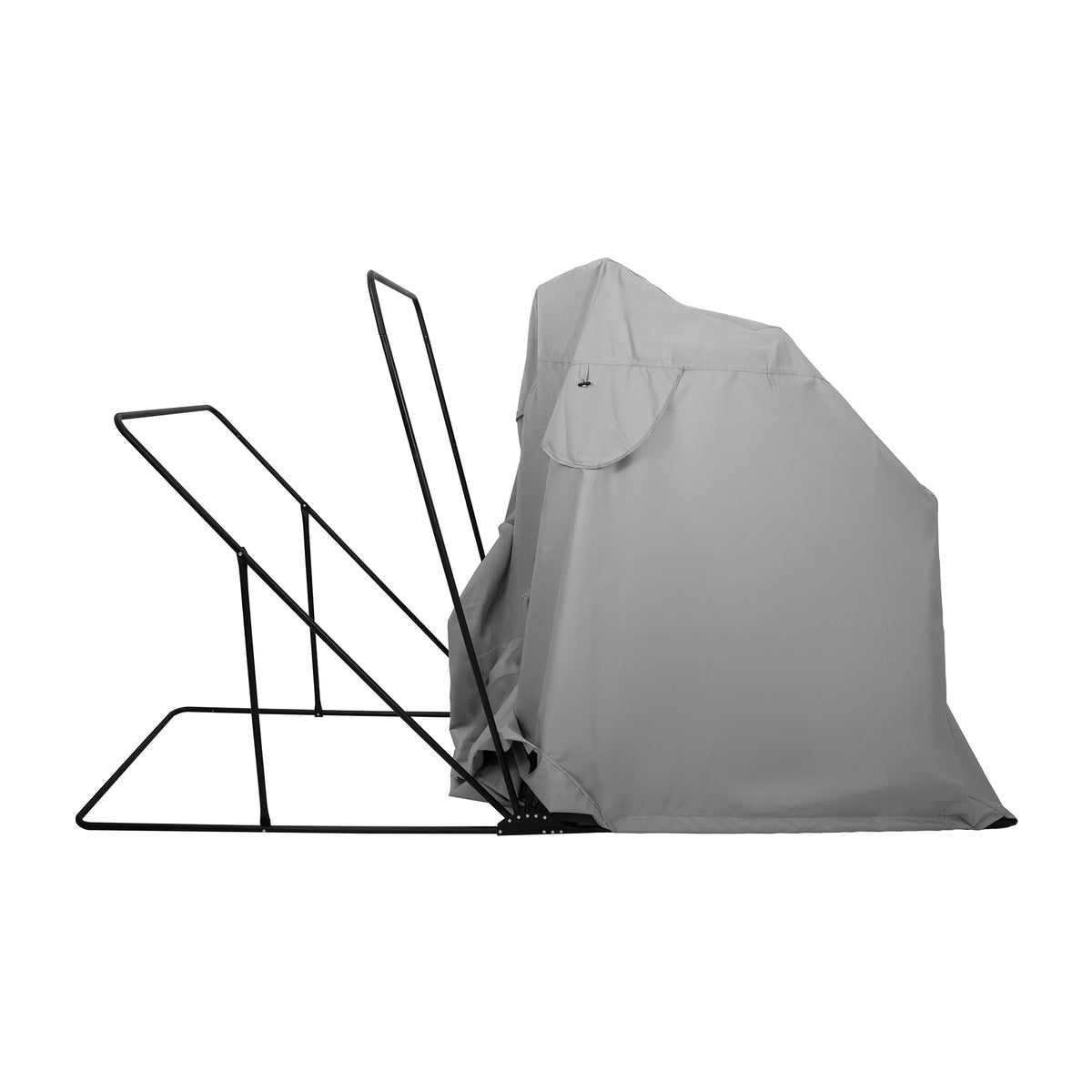 Grijze opvouwbare tent met een stevige metalen structuur, ideaal voor buitenactiviteiten en bescherming tegen weersinvloeden