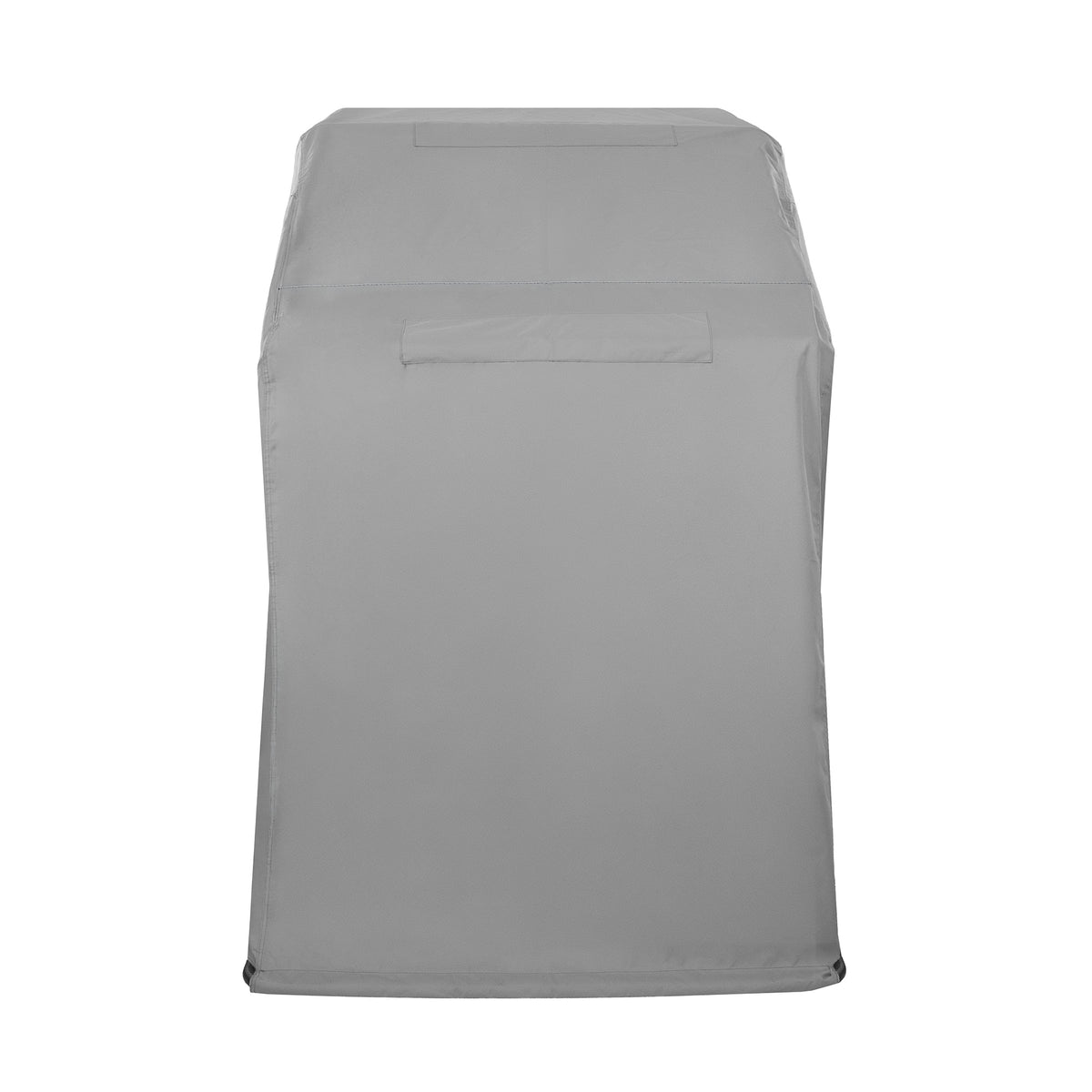 Grijze barbecuehoes van waterdicht materiaal, met een strakke pasvorm en een praktische zak aan de achterkant voor extra opbergruimte