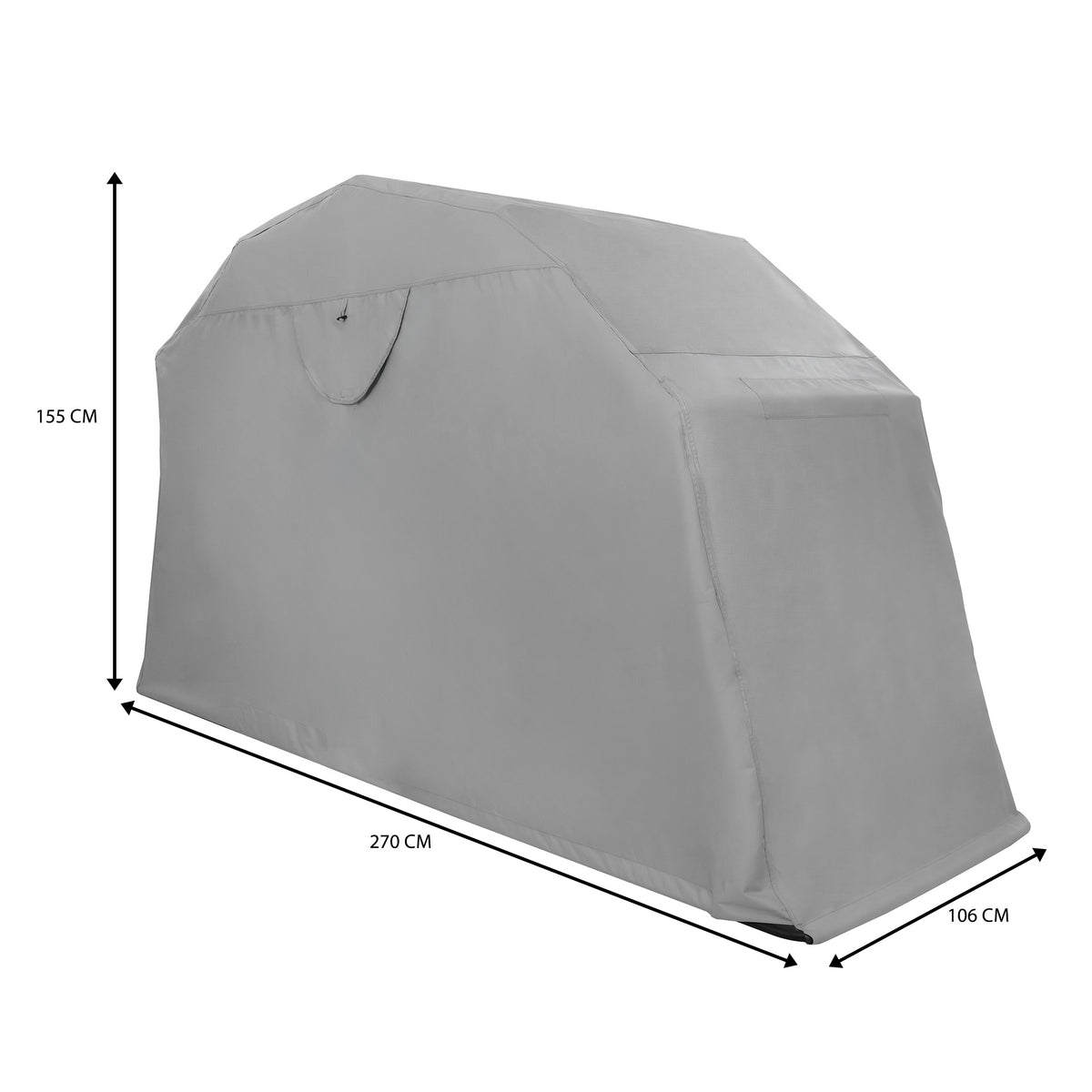 Grijze opbergdoos met een afmeting van 270 cm lang, 106 cm breed en 155 cm hoog, gemaakt van stevig waterdicht materiaal