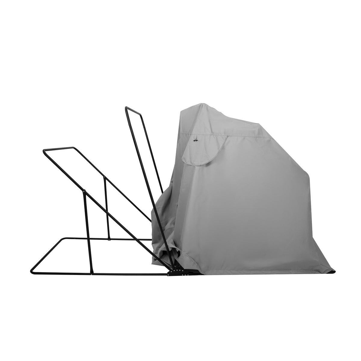 Grijze beschermhoes voor een tuinmeubelset, gemaakt van waterdicht materiaal met een stevige metalen frame voor stabiliteit