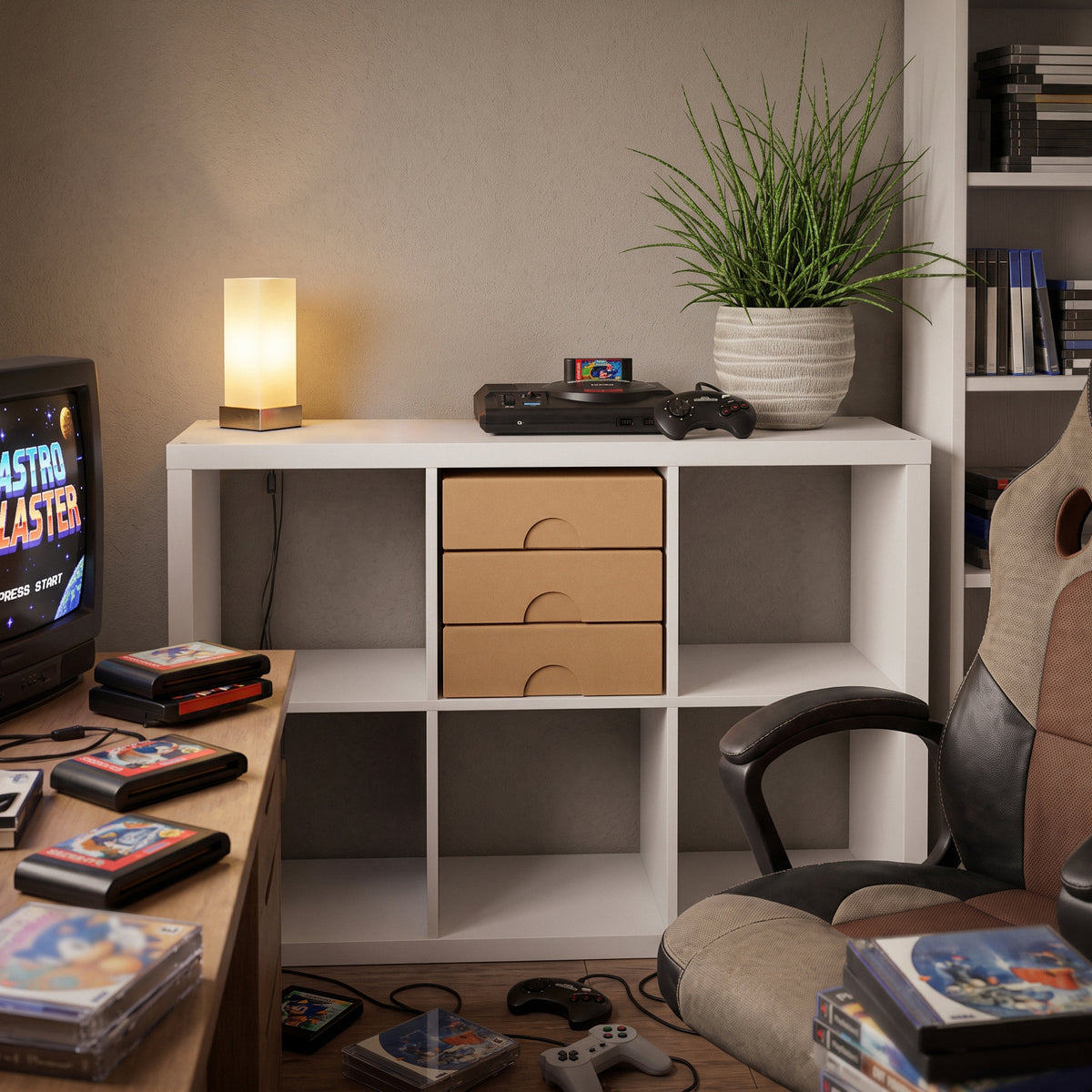Een moderne woonkamer met een witte kast, een retro spelconsole, een plantenpot, een lamp en stapels videospellen op een houten tafel