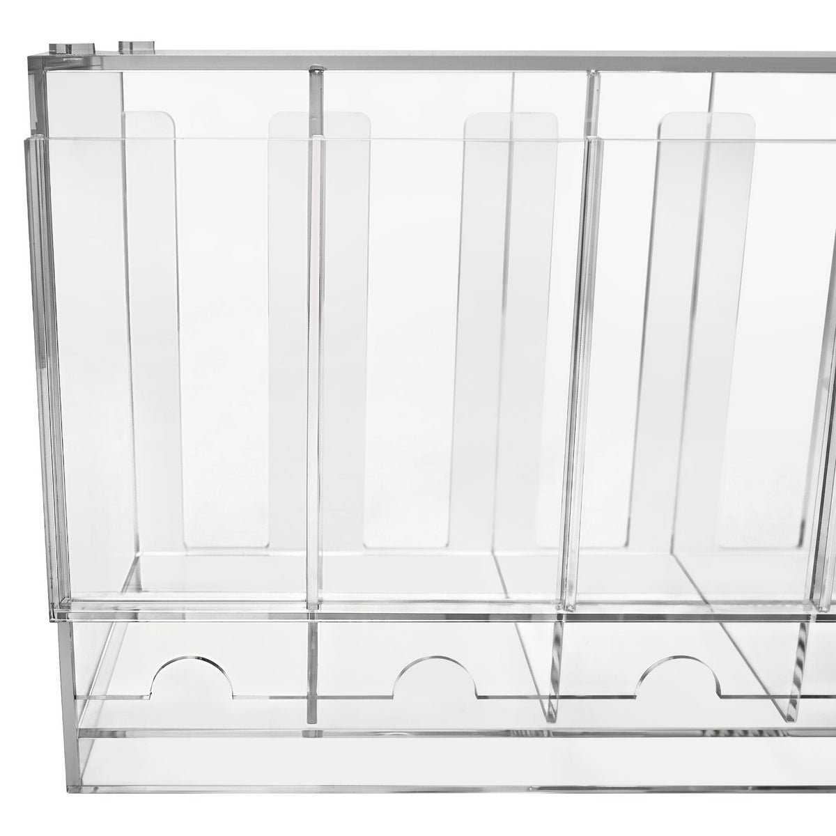 Transparante acryl organizer met vier compartimenten en ronde uitsparingen voor eenvoudige toegang tot inhoud en een moderne uitstraling