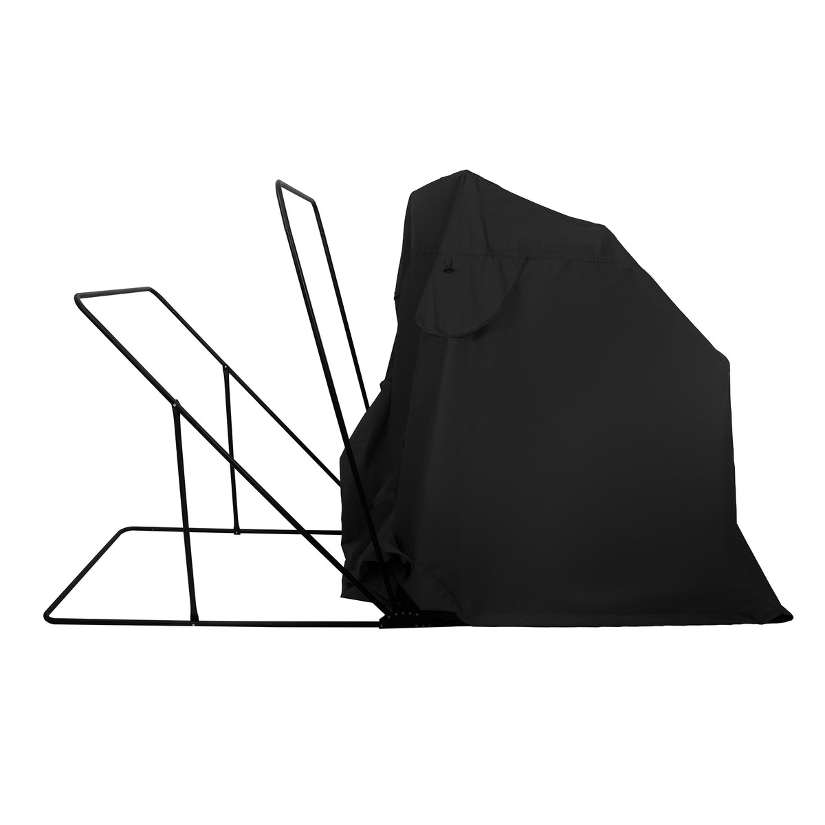 Zwarte opvouwbare tent met metalen frame, ideaal voor buitengebruik, biedt schaduw en bescherming tegen de elementen