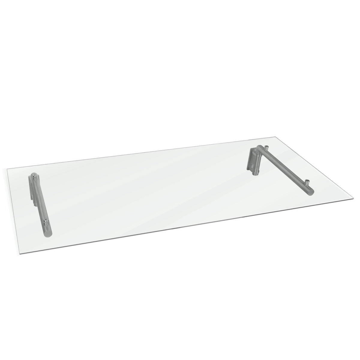 Transparante glazen luifel van 120cm breed en 80cm diep, met stevige metalen bevestigingssteunen en een strakke, moderne uitstraling
