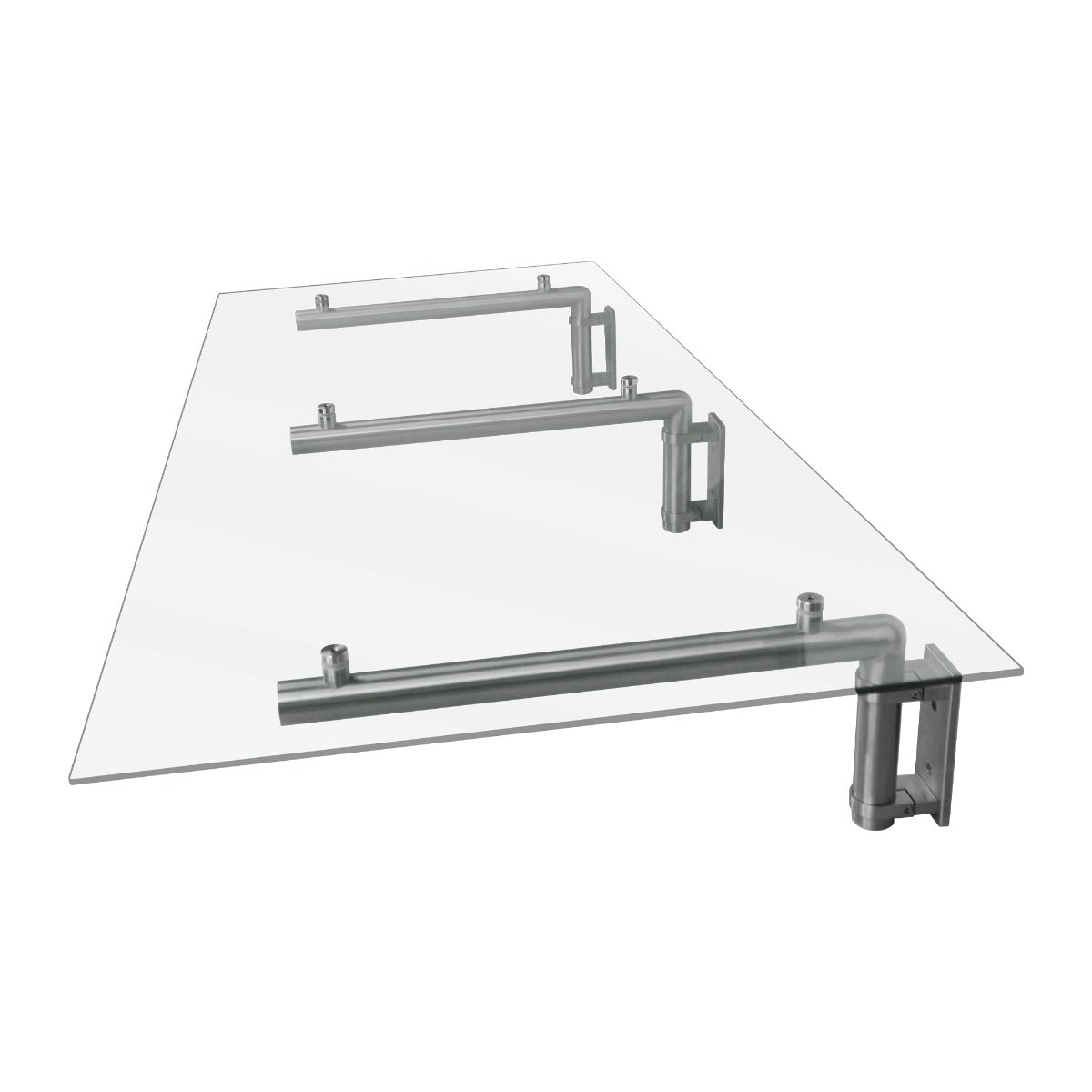 Transparante glazen luifel van 180 cm breed en 80 cm diep, met stevige metalen steunen en een moderne, strakke uitstraling