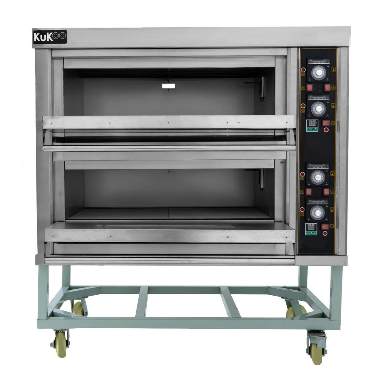 Professionele KuKoo pizza- en bakoven met roestvrijstalen afwerking, dubbele ovenruimtes en duidelijke bedieningspanelen op de zijkant