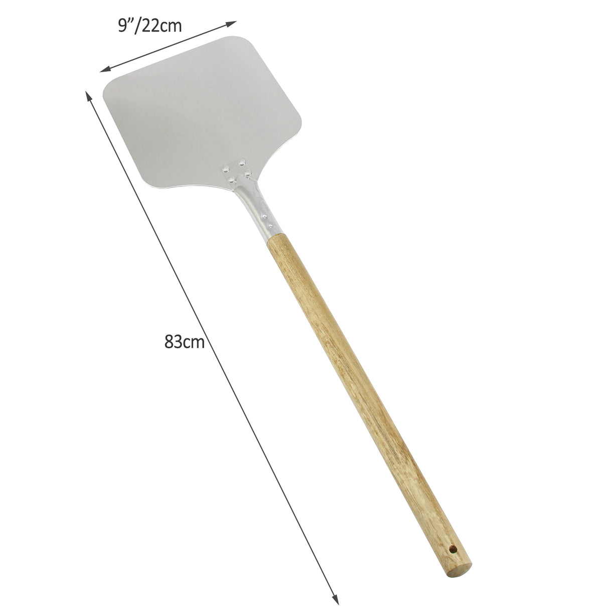Roestvrijstalen pizzaschep van 22 cm met een houten handvat van 83 cm, ideaal voor het gemakkelijk verplaatsen van pizza's in de oven