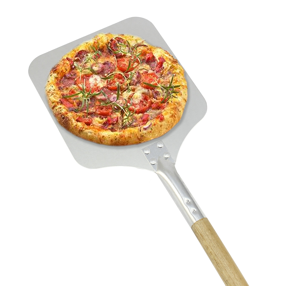 Roestvrijstalen pizzaschep van 22 cm met een houten handvat, perfect voor het serveren van een versgebakken pizza met toppings