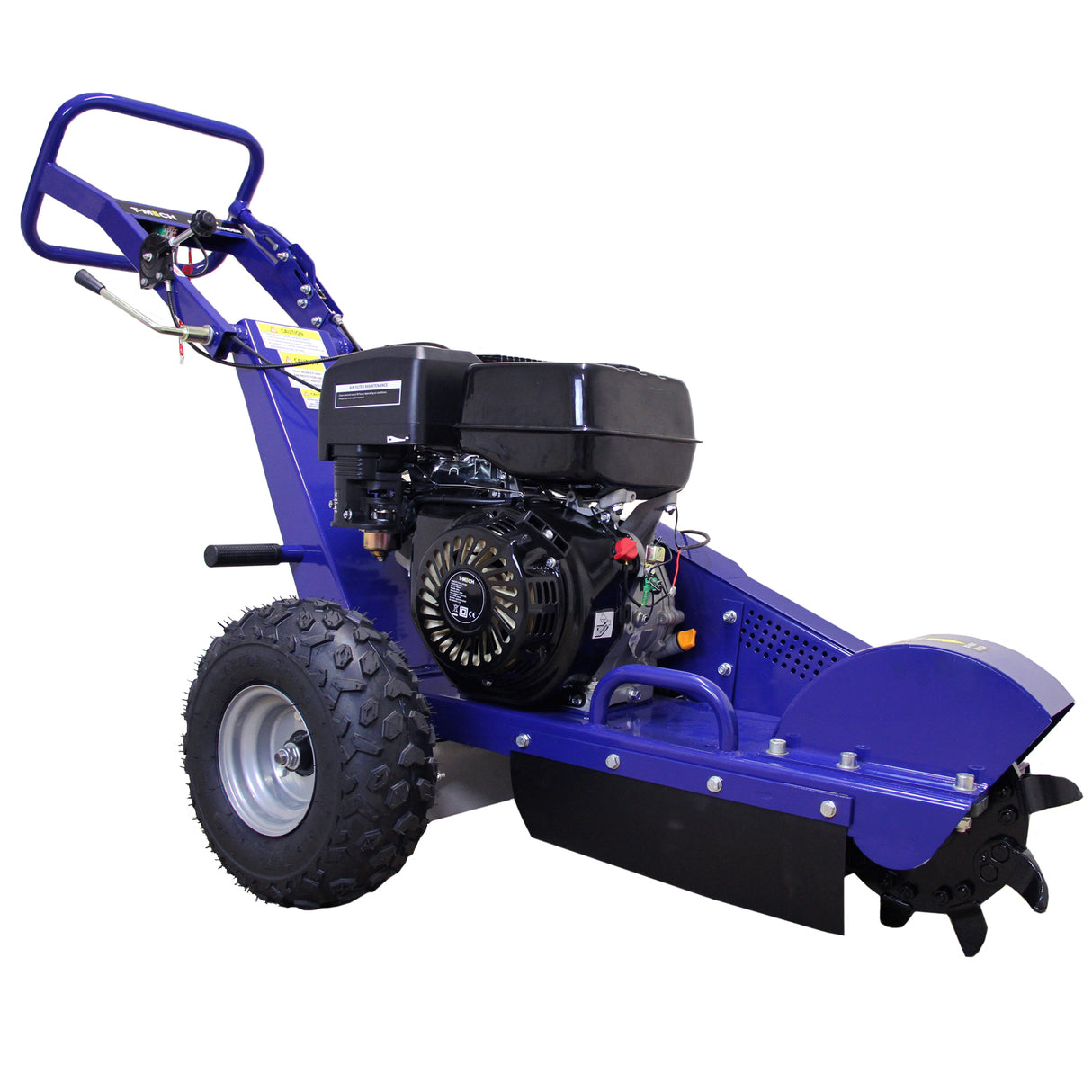 Robuuste T-Mech 13PK stronkenfrees in paars met krachtige motor, brede banden en stevige snijkop voor efficiënt grondwerk