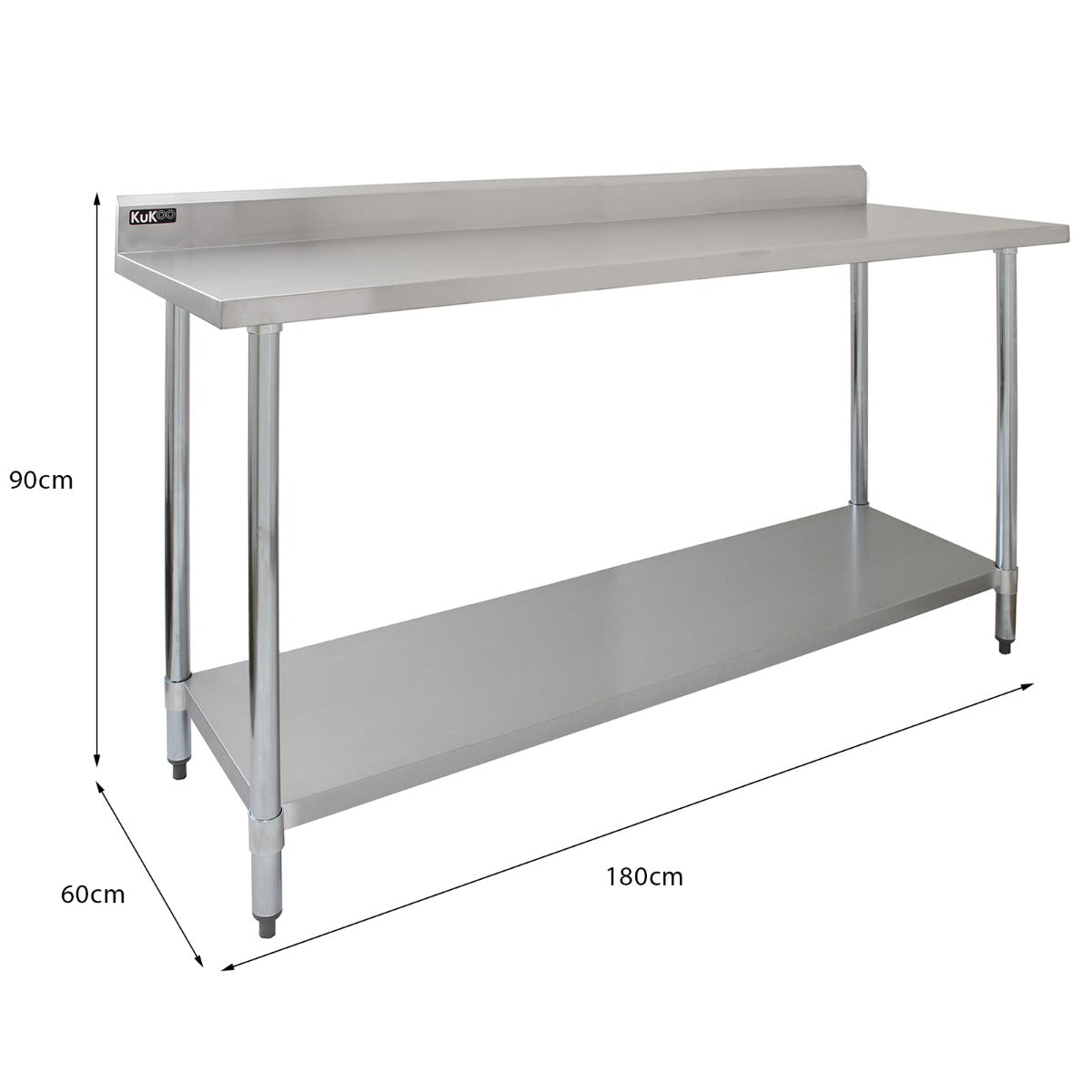 RVS werkbank van 180 cm met een gladde, zilveren afwerking en twee stevige wandplanken voor extra opbergruimte en functionaliteit