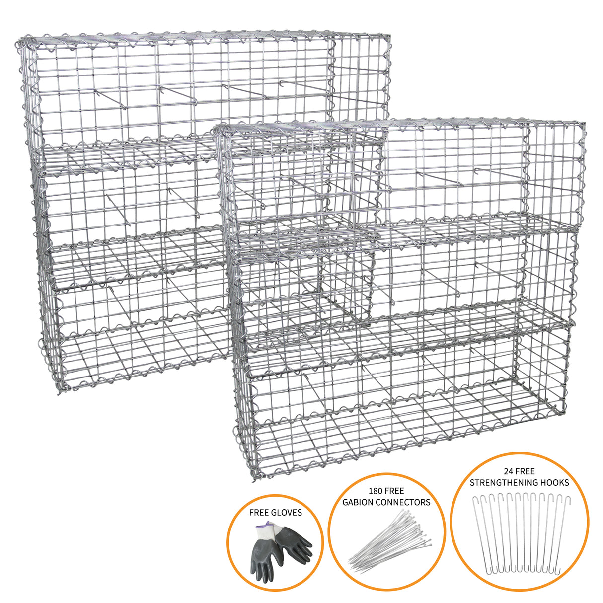 Set van 6 schanskorven in verzinkt staal, afmetingen 100x30x30 cm, met gratis handschoenen en verbindingsmateriaal voor eenvoudige montage