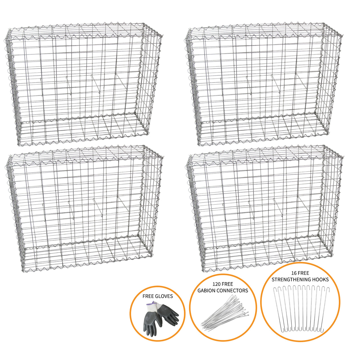 Set van 4 schanskorven in verzinkt staal, elk 100x30x80 cm, met een open structuur en bijbehorende bevestigingshaken en connectors