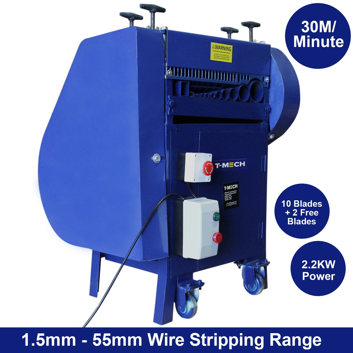 Robuuste blauwe kabelstripmachine met wielen, geschikt voor kabels van 1,5 mm tot 55 mm, met 10 messen en 2 extra messen