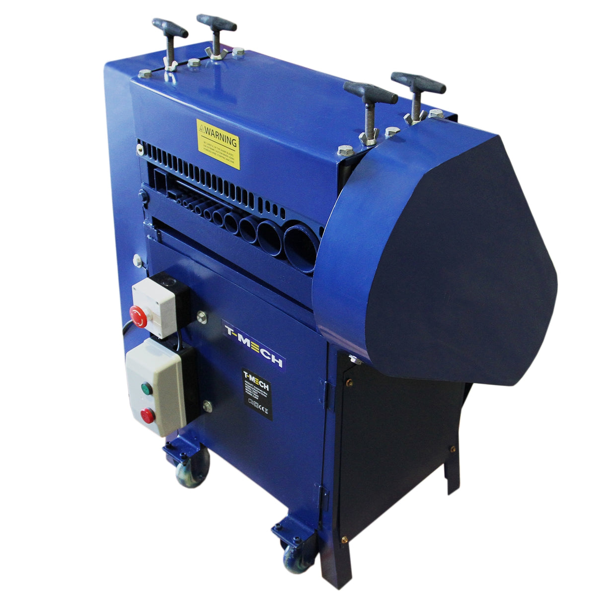 Robuuste T-Mech automatische kabelstripmachine in diepblauw met stevige handgrepen en bedieningsknoppen voor efficiënt kabelstrippen