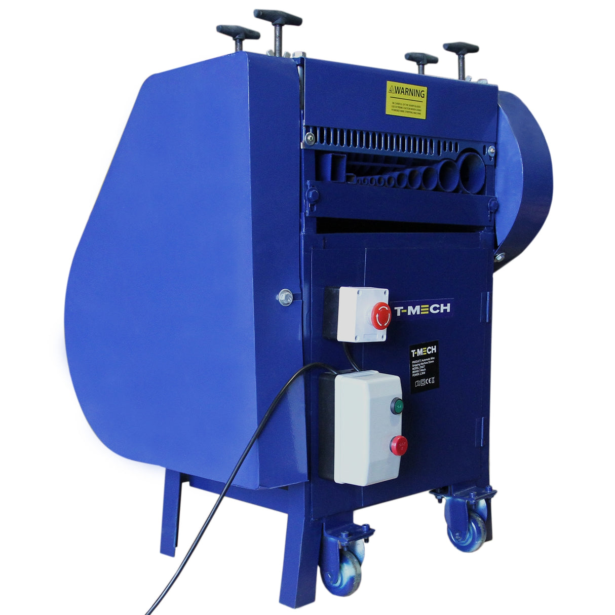 Blauwe T-Mech automatische kabelstripmachine met wielen, knoppen en een waarschuwingsticker, ontworpen voor efficiënt kabelstrippen