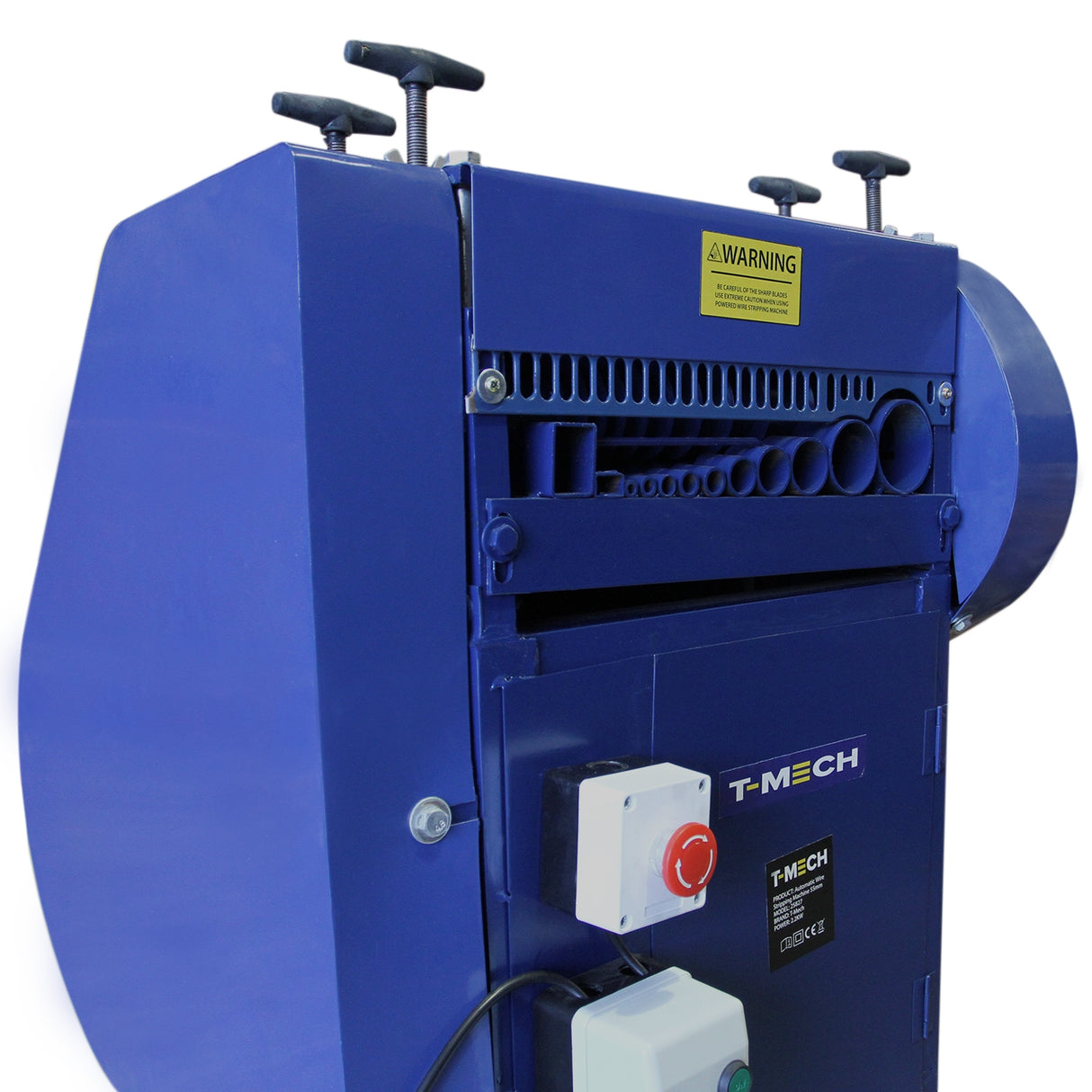 Blauwe T-Mech automatische kabelstripmachine met knoppen, schakelaar en waarschuwingsticker, ontworpen voor efficiënt kabelstrippen